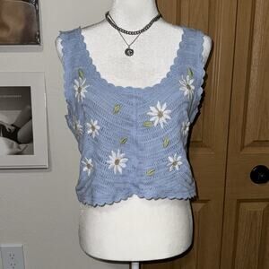 New In Tank Top Women M/L Blue Daisy Floral Embroidered Crochet Knit Crop Summer